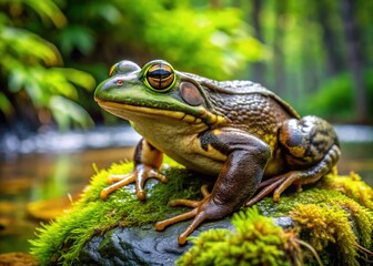 Obraz premium Green and brown banded bullfrog with bright yellow eyes sits on a large moss-covered rock near a serene forest pond surrounded by lush vegetation.