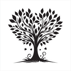 love tree with heart leaves silhouette on white background
