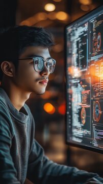 NightCoder: Focused young programmer reviewing code on a large monitor.  