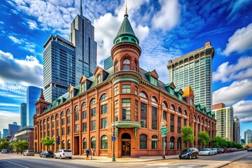 Obraz premium Historic limestone-fronted Gooderham Building stands proudly in Toronto's Distillery District, its Romanesque Revival architecture and ornate details evoking industrial-era charm and sophistication.