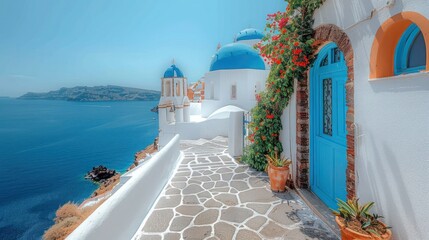 Fototapeta premium Picturesque Oia, Santorini with Iconic White and Blue Domes, Aegean Sea View – Scenic Summer Day Photo of Cycladic Architecture, Cozy Cafes, and Mediterranean Charm