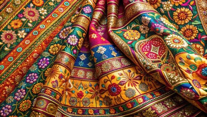 Intricately designed traditional Indian saree featuring vibrant colors and ornate patterns of floral motifs, geometric shapes, and abstract designs on a rich silk fabric.