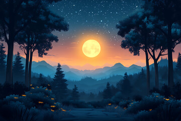 illustration featuring digital abstract technology with space for titles, layered over a forest background. Ideal for tech design concepts.	
