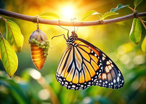 Majestic butterfly emerges from a cocoon, its delicate wings unfolding, symbolizing metamorphosis, growth, and triumphant transformation in a vibrant, sun-kissed natural setting.