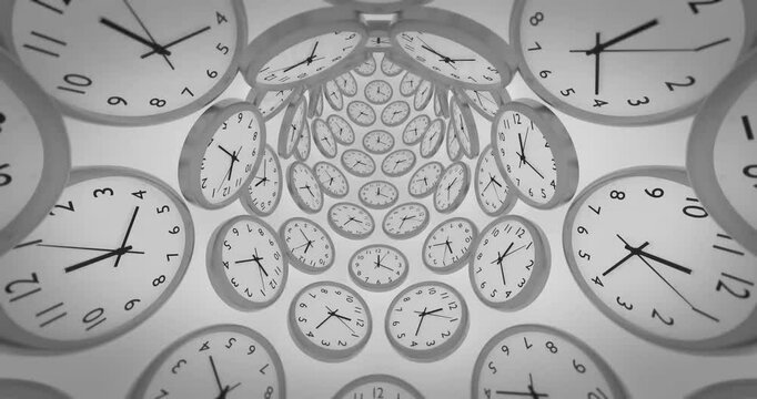 Tunnel animation with 3d clocks on its walls in a seamless loop