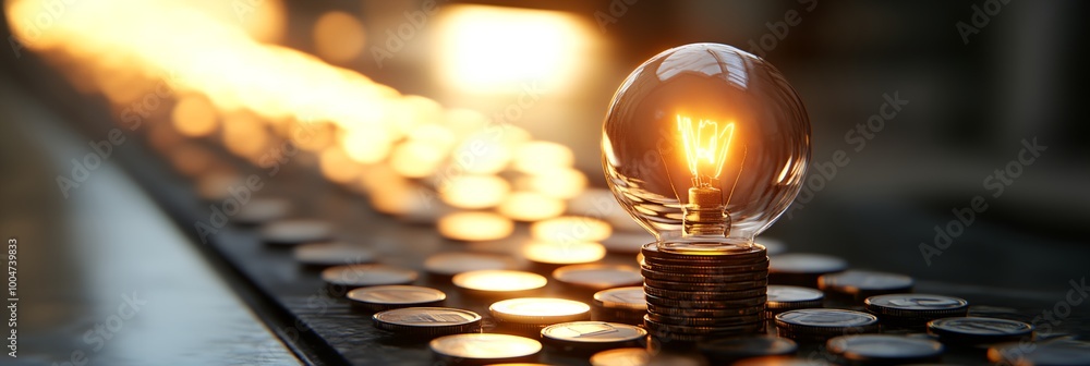 Poster a light bulb is lit up in front of a pile of coins. the light bulb is the only source of light in th