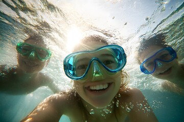 Naklejka premium Smiling underwater swimmer in snorkel mask