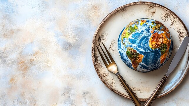 A globe on a plate with a fork and knife on a light background, a World Food Day wallpaper concept