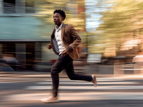 black professional man running, late, to a meeting, cbd city centre, business themed, don't miss out, fear of missing out, fomo