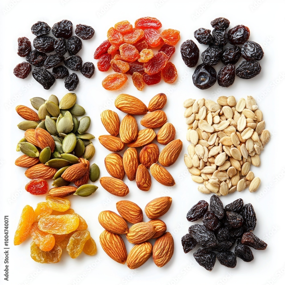 Poster a vibrant display of assorted nuts and dried fruits arranged in an appealing way. this image showcas
