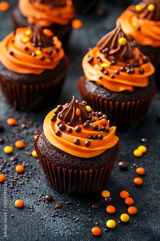 Poster a row of cupcakes with orange frosting and chocolate sprinkles. the cupcakes are arranged in a neat 