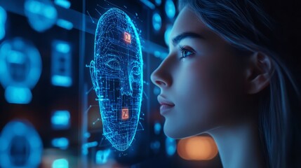 Woman and Futuristic Face Recognition Interface 