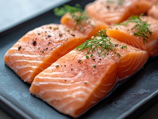 A plate of salmon with parsley on top. The salmon is cut into pieces and arranged on the plate