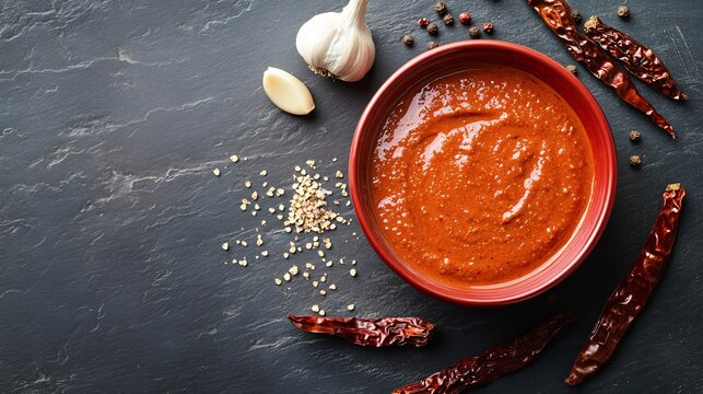 A spicy harissa sauce in a vibrant red bowl surrounded by dried chili peppers, garlic, and cumin seeds on a dark slate background