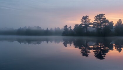 Fototapeta premium Morning Calm, A Fog-Covered Lake at Dawn with Soft Reflections and Serene Stillness
