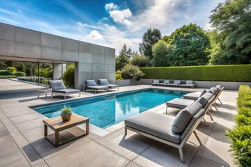 Fototapeta premium Sparkling blue swimming pool surrounded by sleek gray concrete floor and modern outdoor furniture, creating a serene and inviting summer atmosphere.