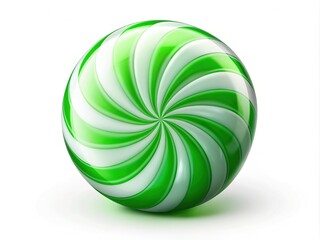 Obraz premium Vibrant green and white striped peppermint candy icon with a glossy finish, isolated on a white background, evoking freshness and festive holiday cheer.