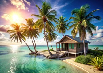 Naklejka premium Warm sunlight casts a golden glow on a serene summer beach house with gentle palm trees swaying in the breeze beside a tranquil turquoise ocean.