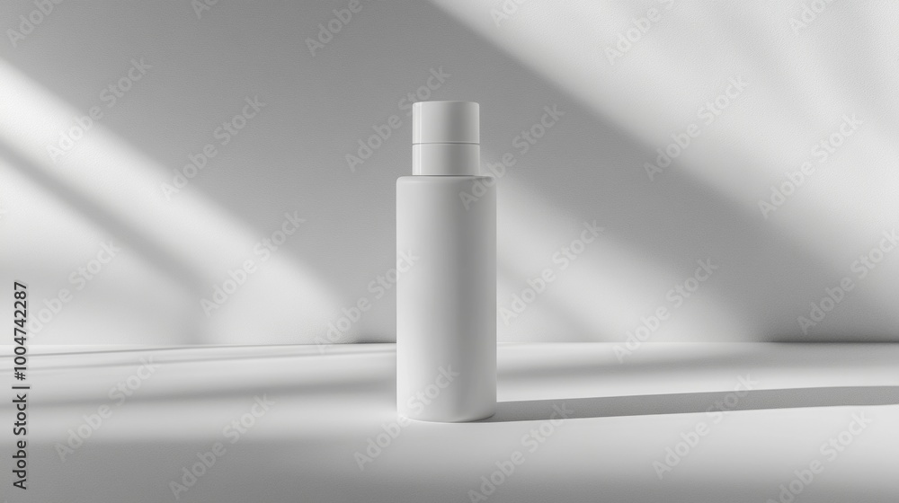 Poster a white bottle of lotion sits on a table in front of a window