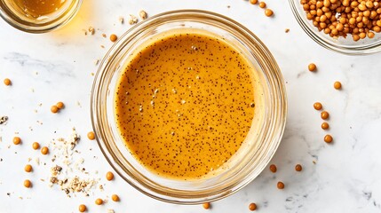 A tangy mustard sauce in a glass bowl surrounded by mustard seeds, vinegar, and honey