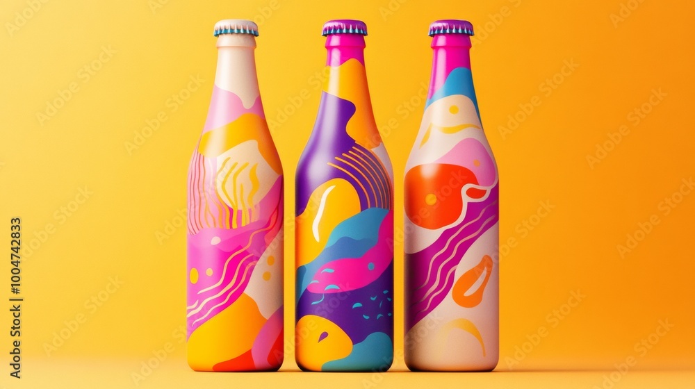 Poster three bottles with colorful designs on them