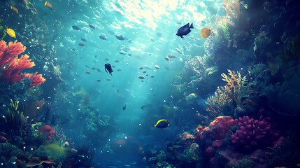 Fototapeta premium Vibrant Underwater Coral Reef Scene with Colorful Fish and Sunlight