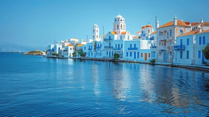 Fototapeta premium Panoramic Aerial View of Greek Village Chora on Hill – Scenic Image of Whitewashed Cycladic Houses, Aegean Sea, and Rocky Mediterranean Landscape under Bright Blue Summer Sky