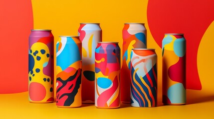 Fototapeta premium A row of colorful cans with a yellow background