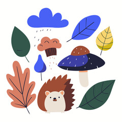 Autumn collage from hedgehog and leaves clouds. Flat vector illustration on white background.