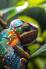 Close Up of Colorful Chameleon on Branch in Tropical Rainforest - Vibrant Nature Photography