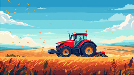 Obraz premium Red tractor plowing a field. Wheat harvesting.