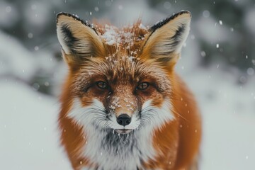 Fototapeta premium Intense Red Fox with Piercing Eyes in Snow-Covered Forest - Wildlife Photography