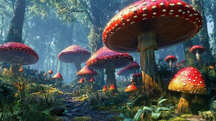 Mystical nature setting with giant mushrooms in enchanted forest. Mushrooms in fairy-tale setting