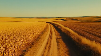 Fototapeta premium A scenic rural landscape with a trail through a golden field stretching towards the horizon framed by golden cornfields