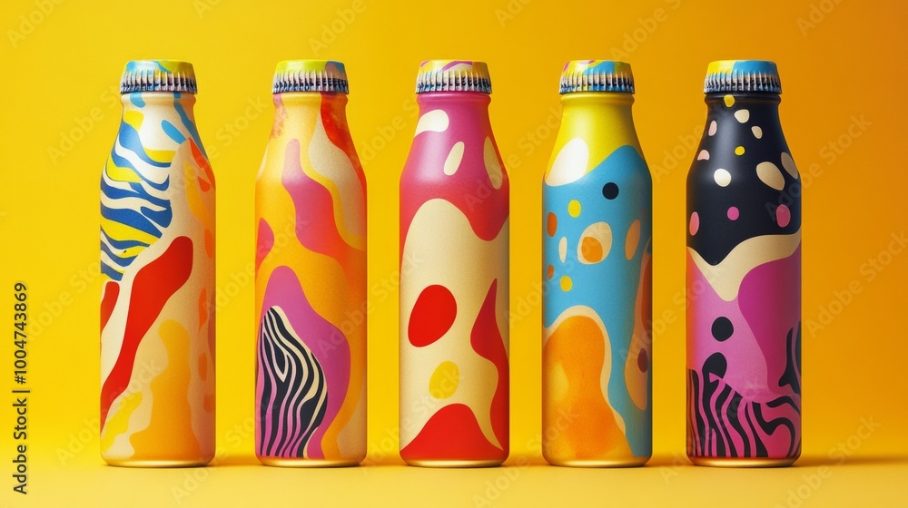 Poster five colorful cans of soda with a zebra print on them