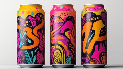 Three cans of colorful, abstract art with the letters B, Z, and T on them