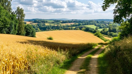 Obraz premium A scenic rural landscape with a trail through a golden field stretching towards the horizon framed by golden cornfields