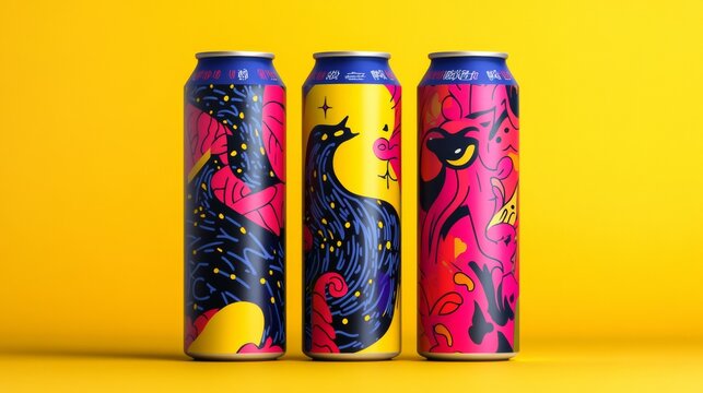 Three cans of beer with colorful designs on them