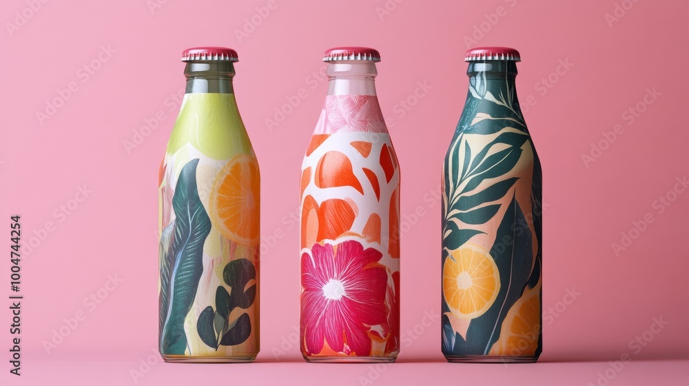 Poster three bottles of juice with colorful designs on them