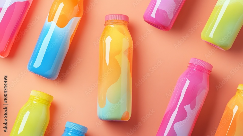 Poster A row of colorful bottles with a rainbow pattern on them