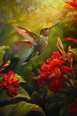 Obraz premium Hummingbird in Sundrenched Garden Hovering Near Vibrant Red Flowers for Nature-Themed Posters