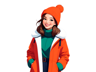 Cheerful Woman in Christmas Clothes: Transparent Background Illustration