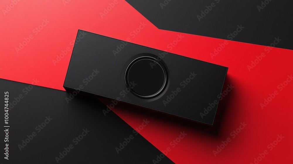 Poster a black object with a hole in the middle is on a red background