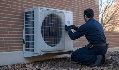 hvac technician inspecting and servicing air conditioning unit