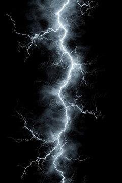 Electric lightning on a black background... A dramatic, high-resolution image of a single lightning bolt lighting up a pitch black background.