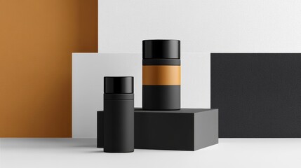 Two black containers with a brown stripe on them are on a white background