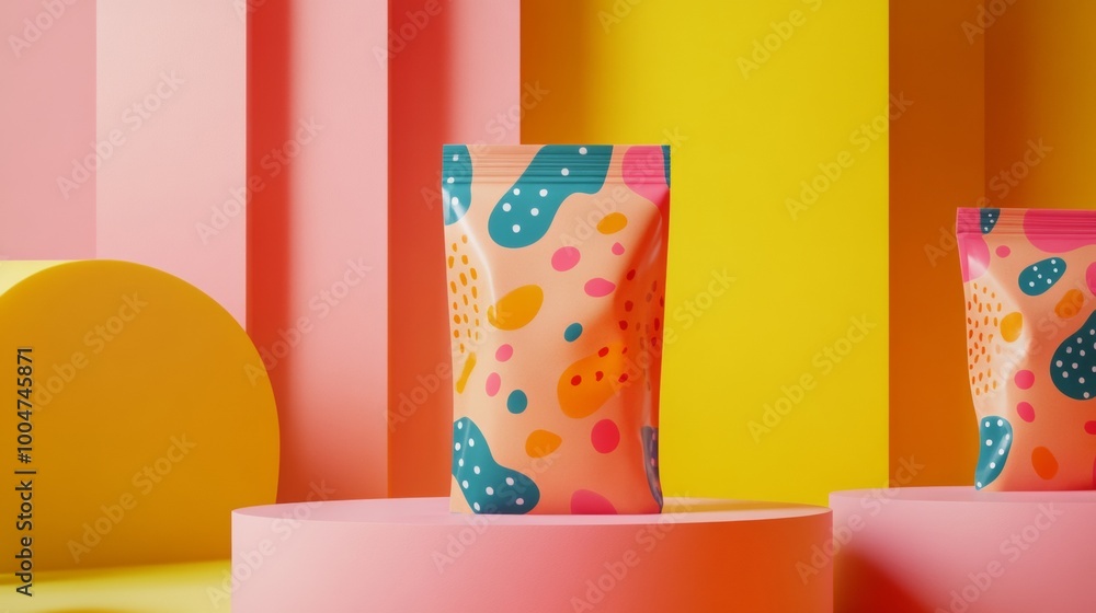Poster two colorful bags with a pattern of dots and squares on them