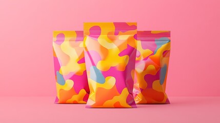 Three bags of candy with a colorful and abstract design