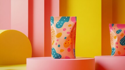 Two colorful bags with a pattern of dots and squares on them