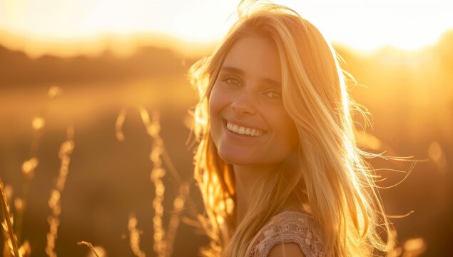 Beautiful young woman with long brown hair and green eyes, wearing an off-the-shoulder white dress, golden hour sunlight in nature. Warm tones and soft lighting highlight her features. - Powered by Adobe